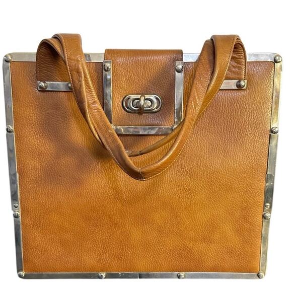 Vintage Mid-Century Continental Brown Leather Toggle Clasp Hand Bag Briefcase - Picture 1 of 12